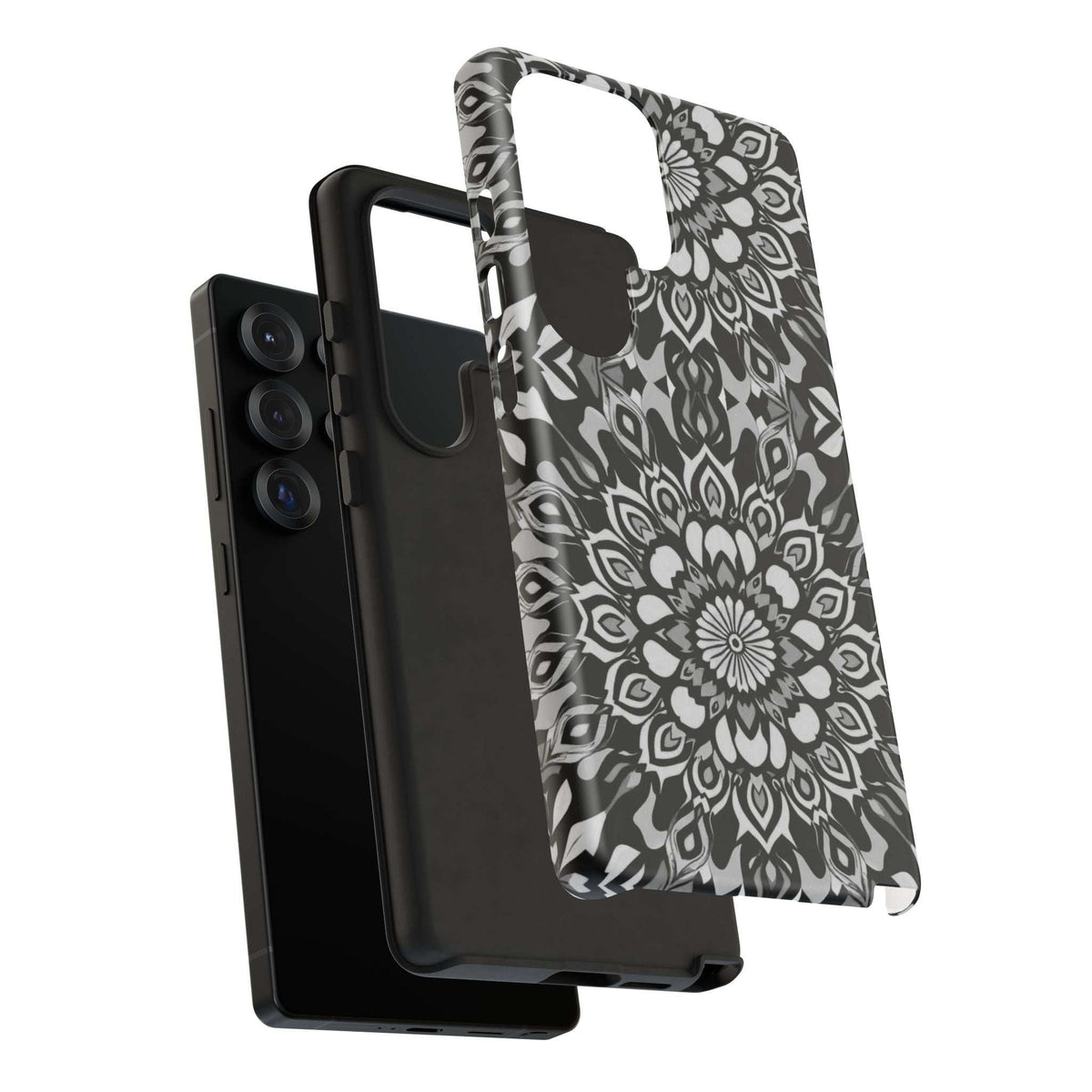 Mandala phone case with black-and-white floral pattern; slim protective edges and openings