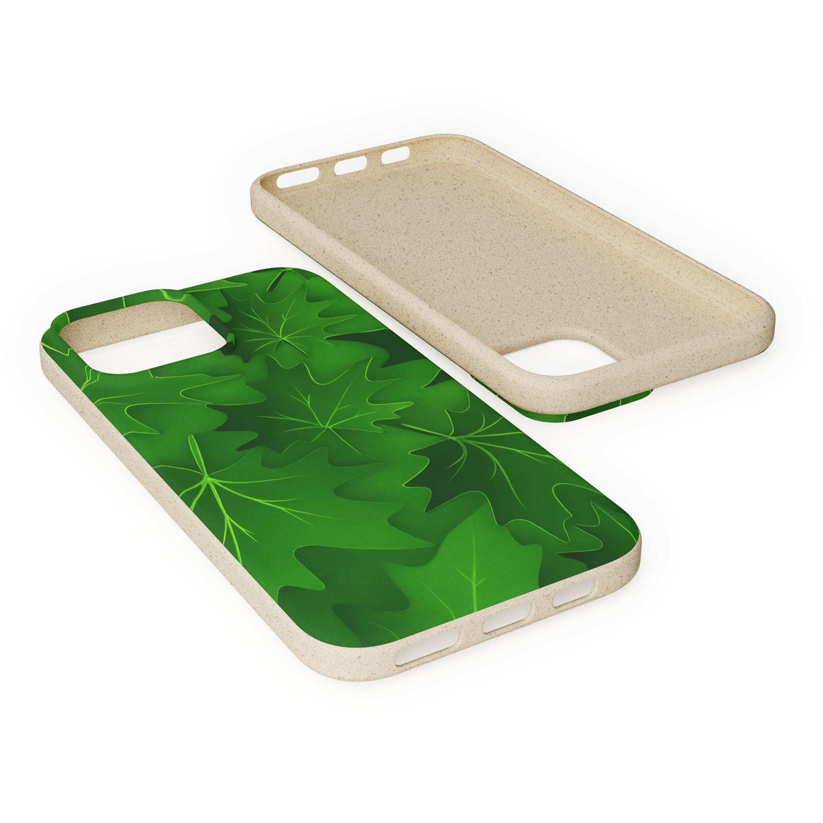 Close angled view of speckled beige phone case with green botanical leaf print