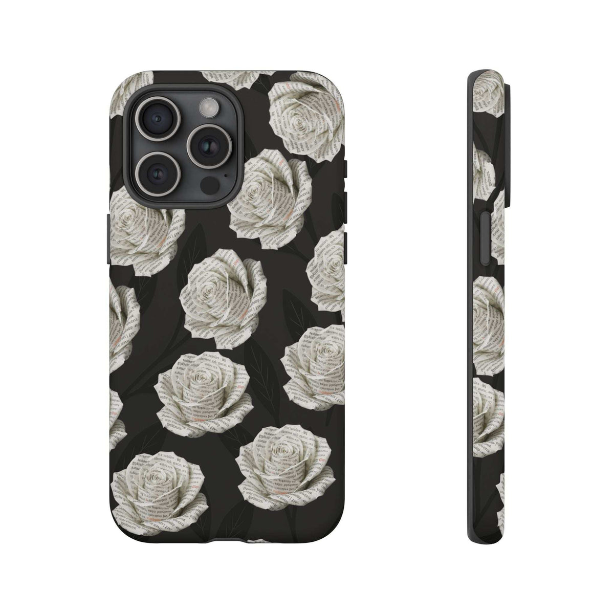 Phone case with black base and white rose pattern, side profile with camera and button cutouts.