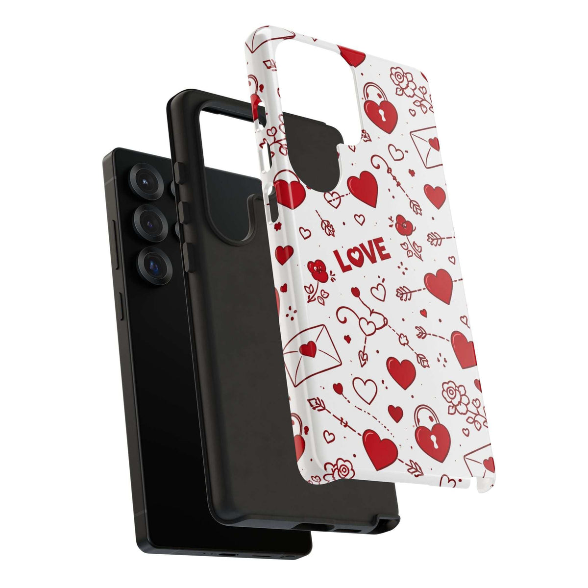 Glossy white heart doodle phone case with camera and charging cutouts