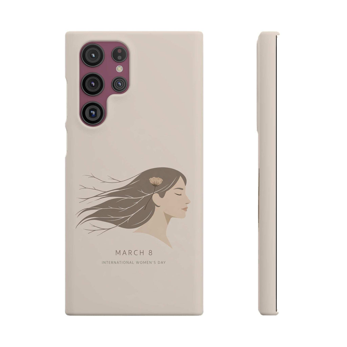 Light beige phone case with World Women's Day profile graphic and triple camera cutout