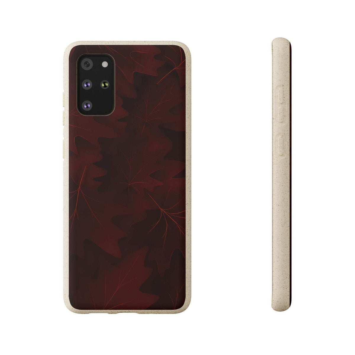 Dark leaf-pattern phone case with camera module cutout and light textured edges