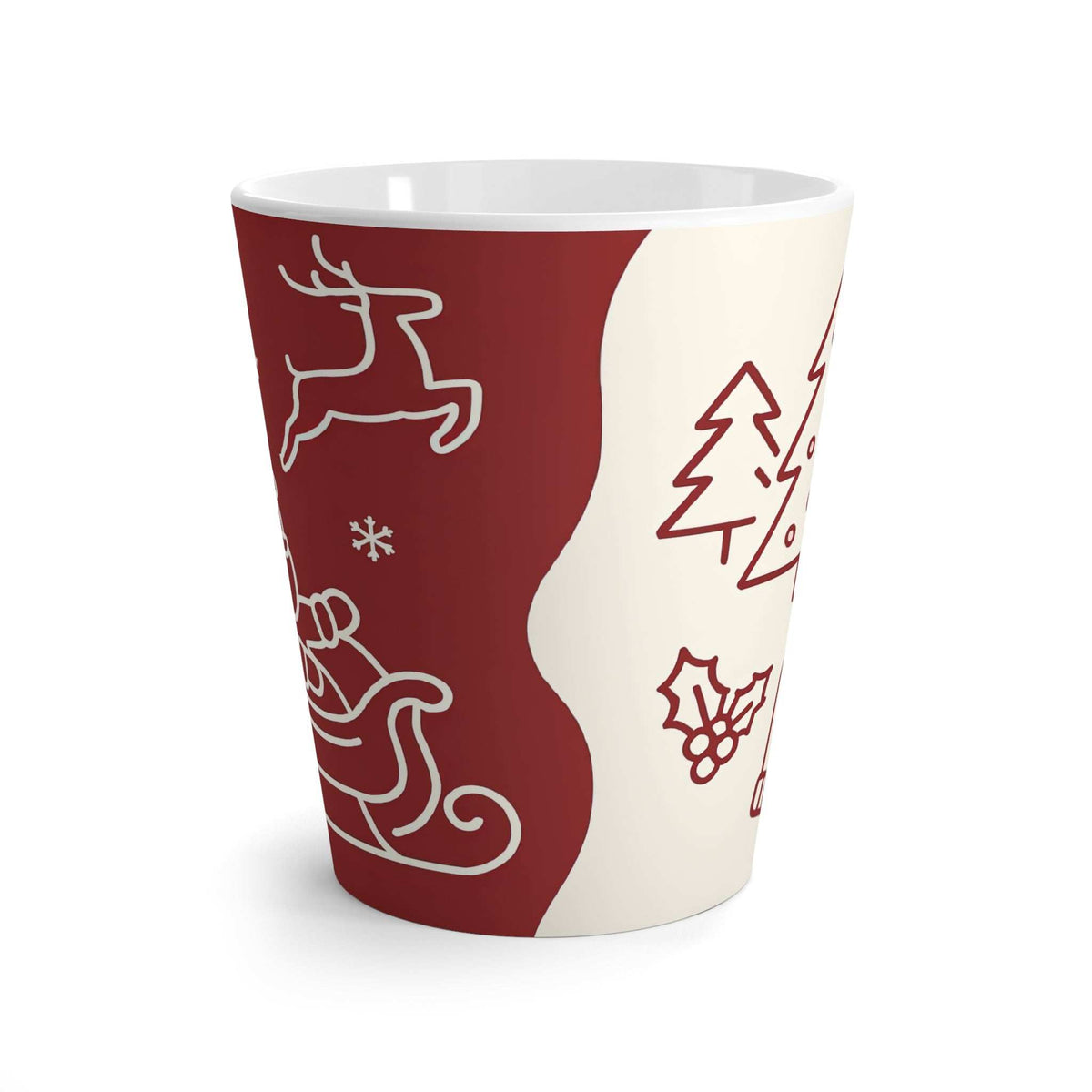 12 oz latte mug, burgundy and white with holiday reindeer and snowflake line art