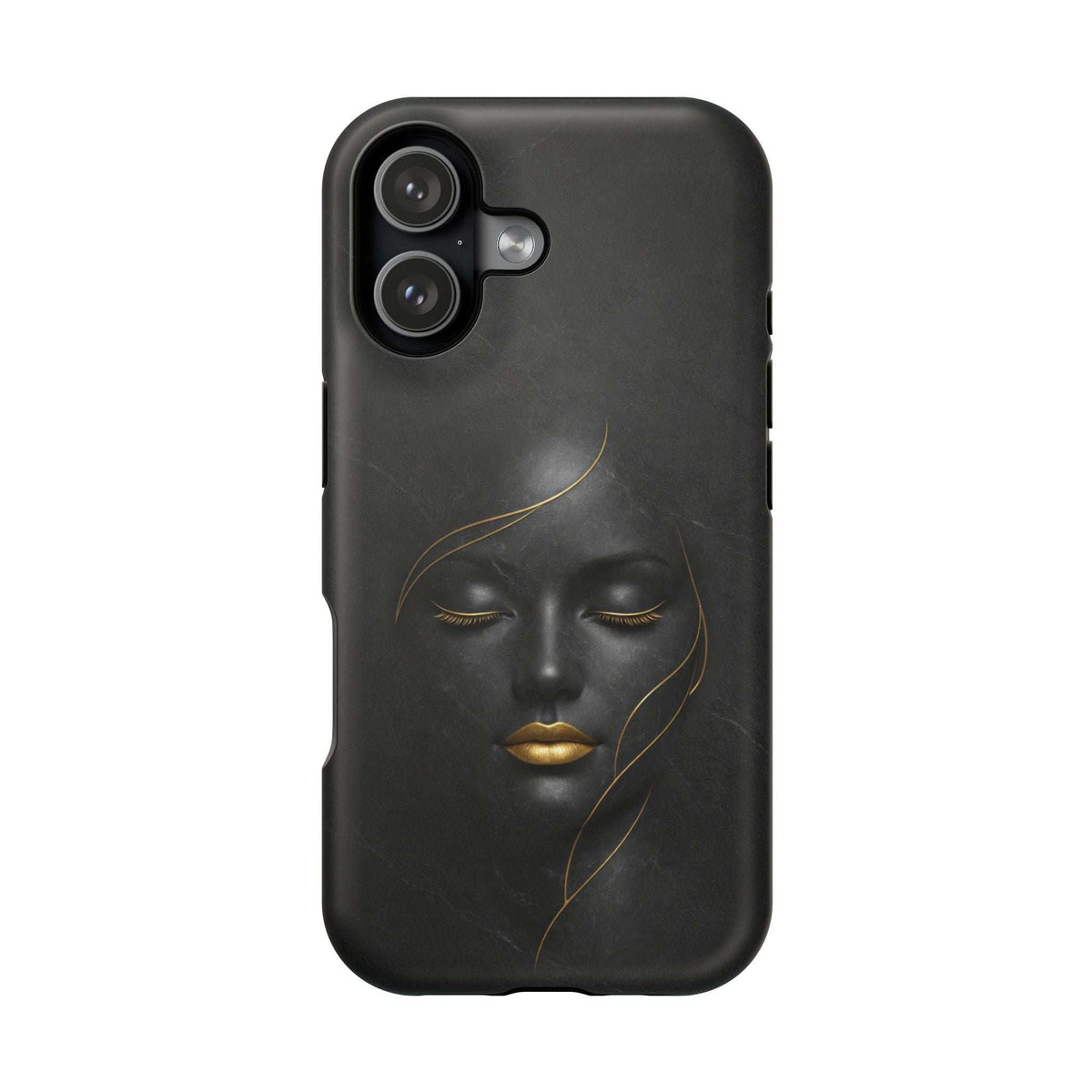 Black smartphone case with gold face design and openings for camera and flash