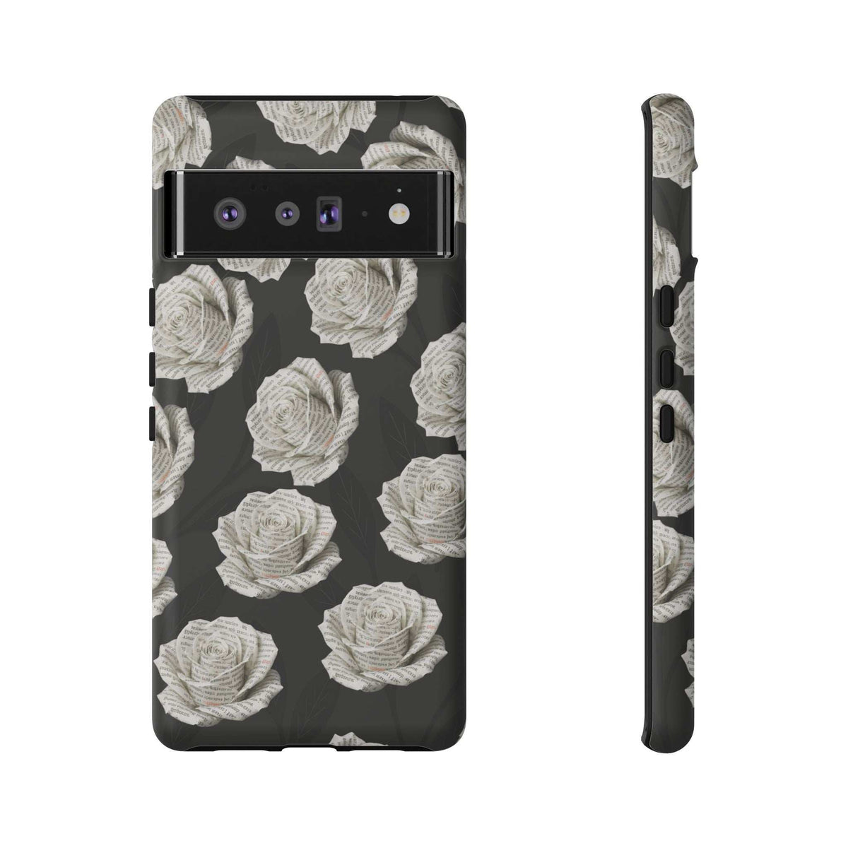 Phone case, black with white rose pattern, triple camera cutout and side openings