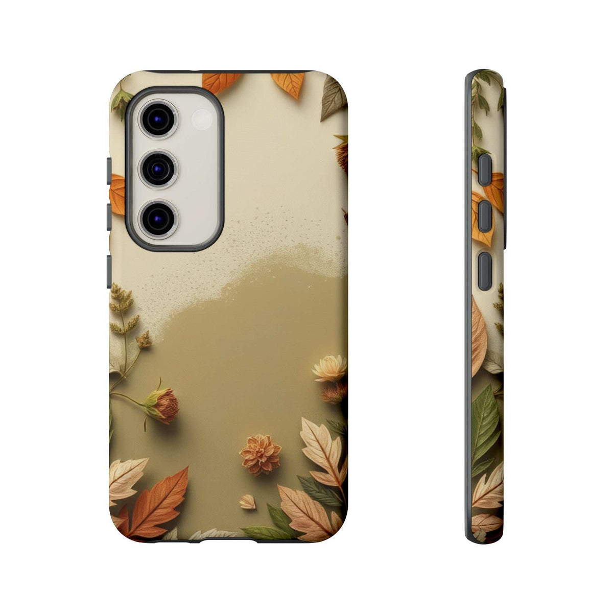 Autumn leaves phone case with beige leaf pattern; gray camera cutouts and side buttons