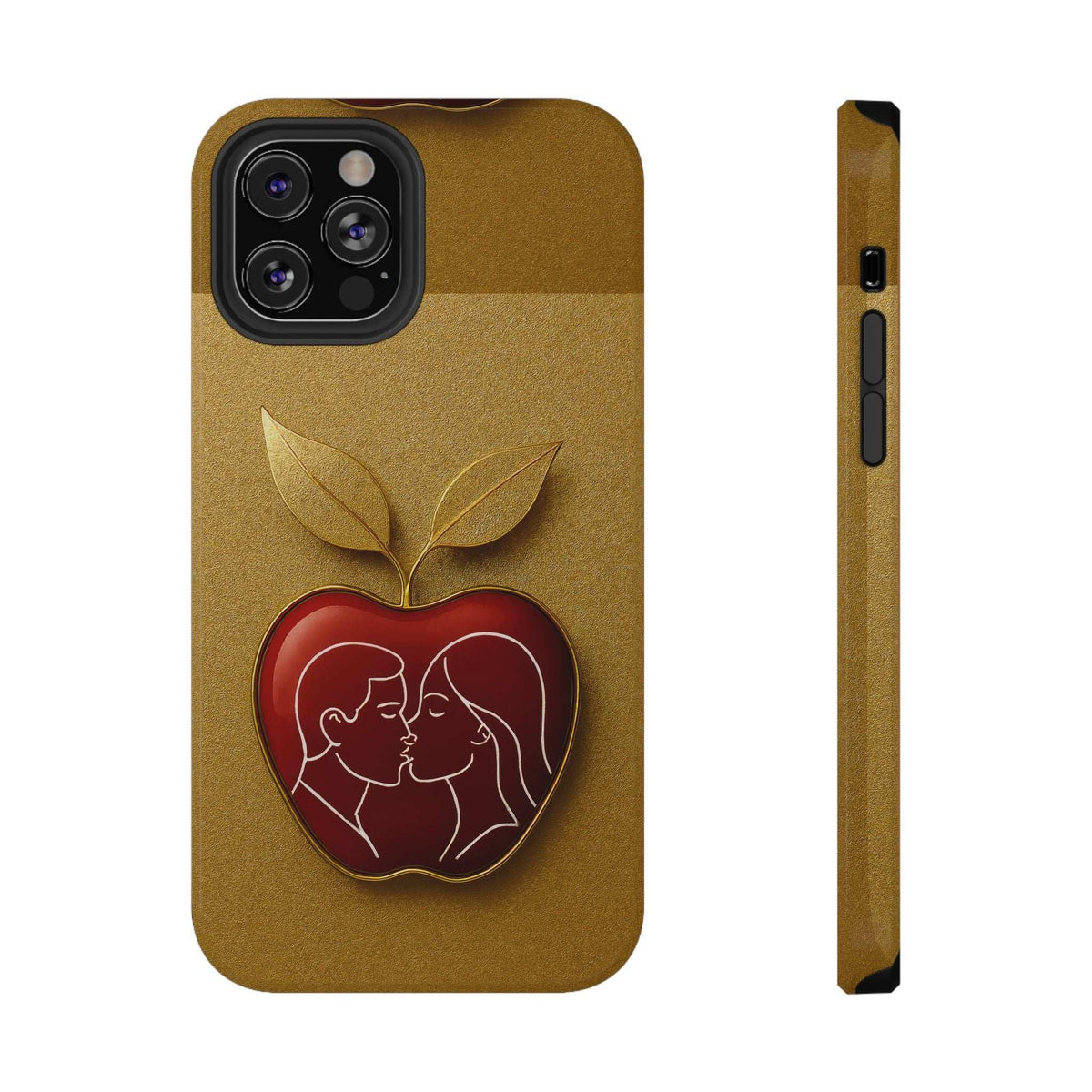 Gold iPhone case featuring leaf and red apple-heart couple art; front and side profile