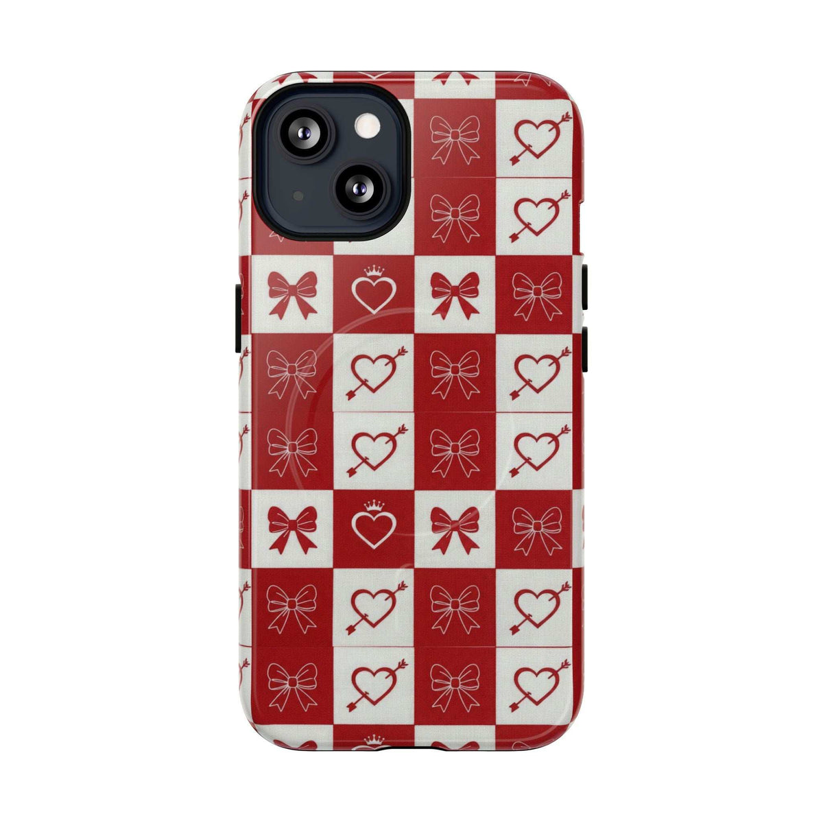 Red and white checkered phone case with hearts and bows, raised camera area