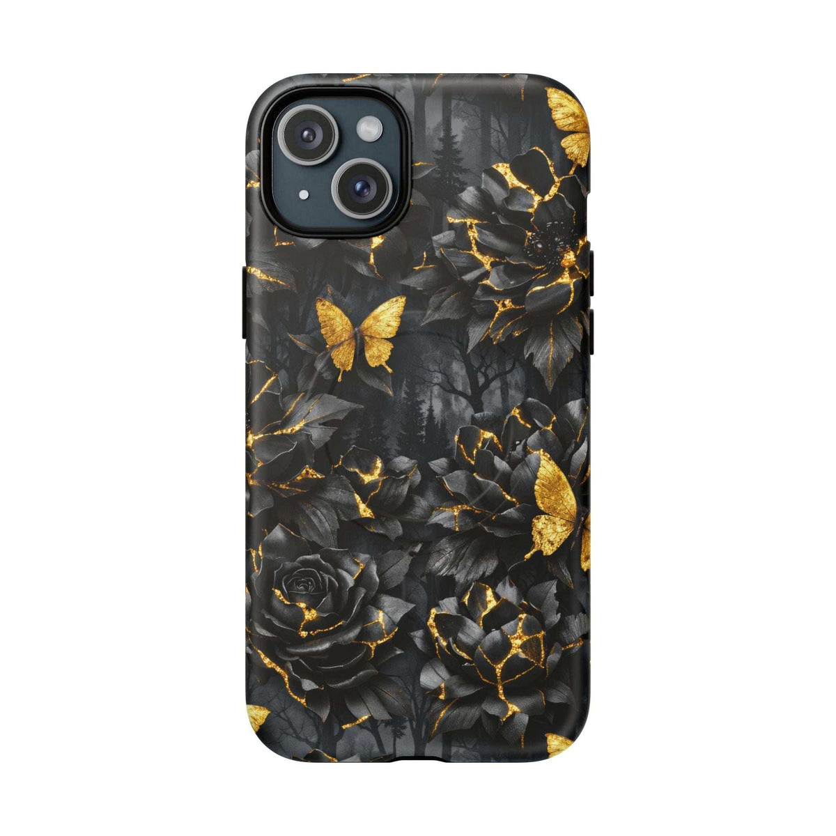 Phone case with black garden flowers, gold butterflies, and thin golden crack lines