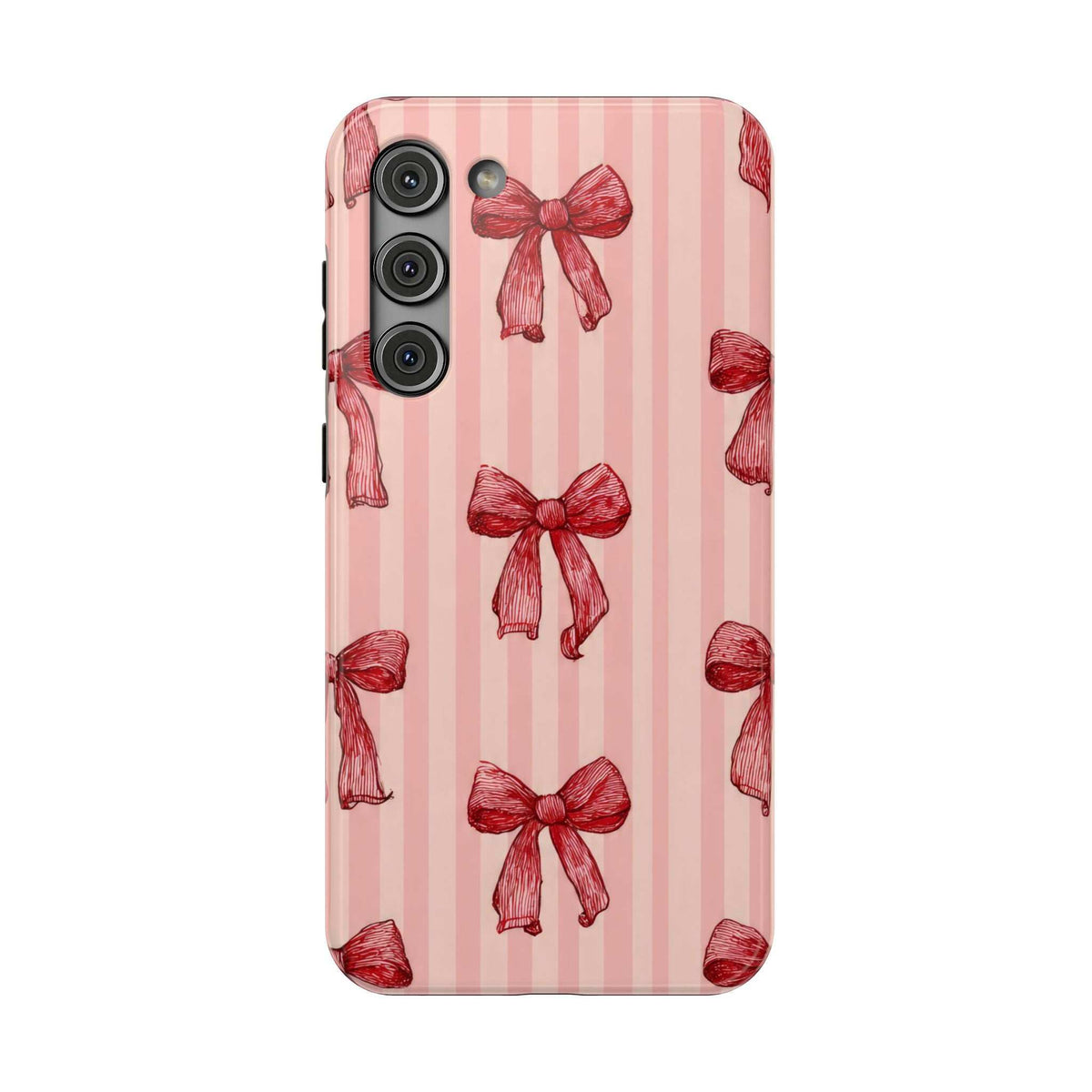Pink phone case with red bow stripe pattern; three camera cutouts on back