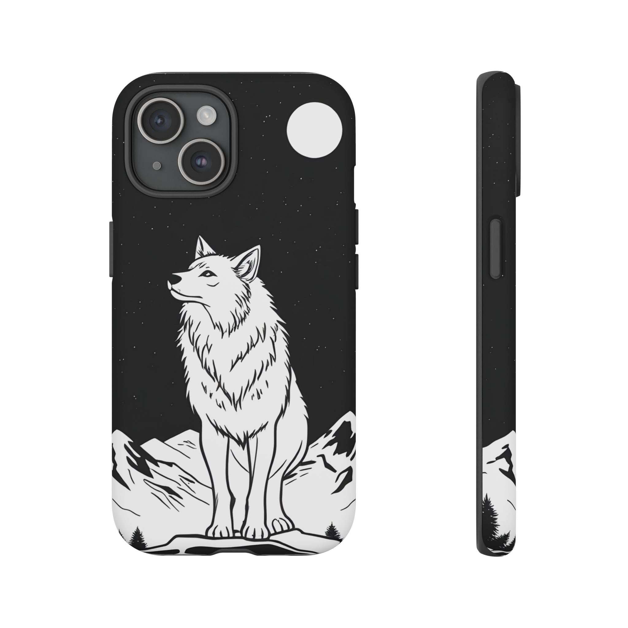 Black phone case featuring white wolf standing on rocks, camera cutouts, right-side button openings