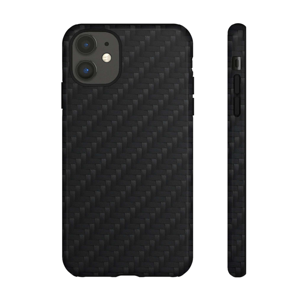 Glossy black carbon phone case back with camera opening and textured weave finish.