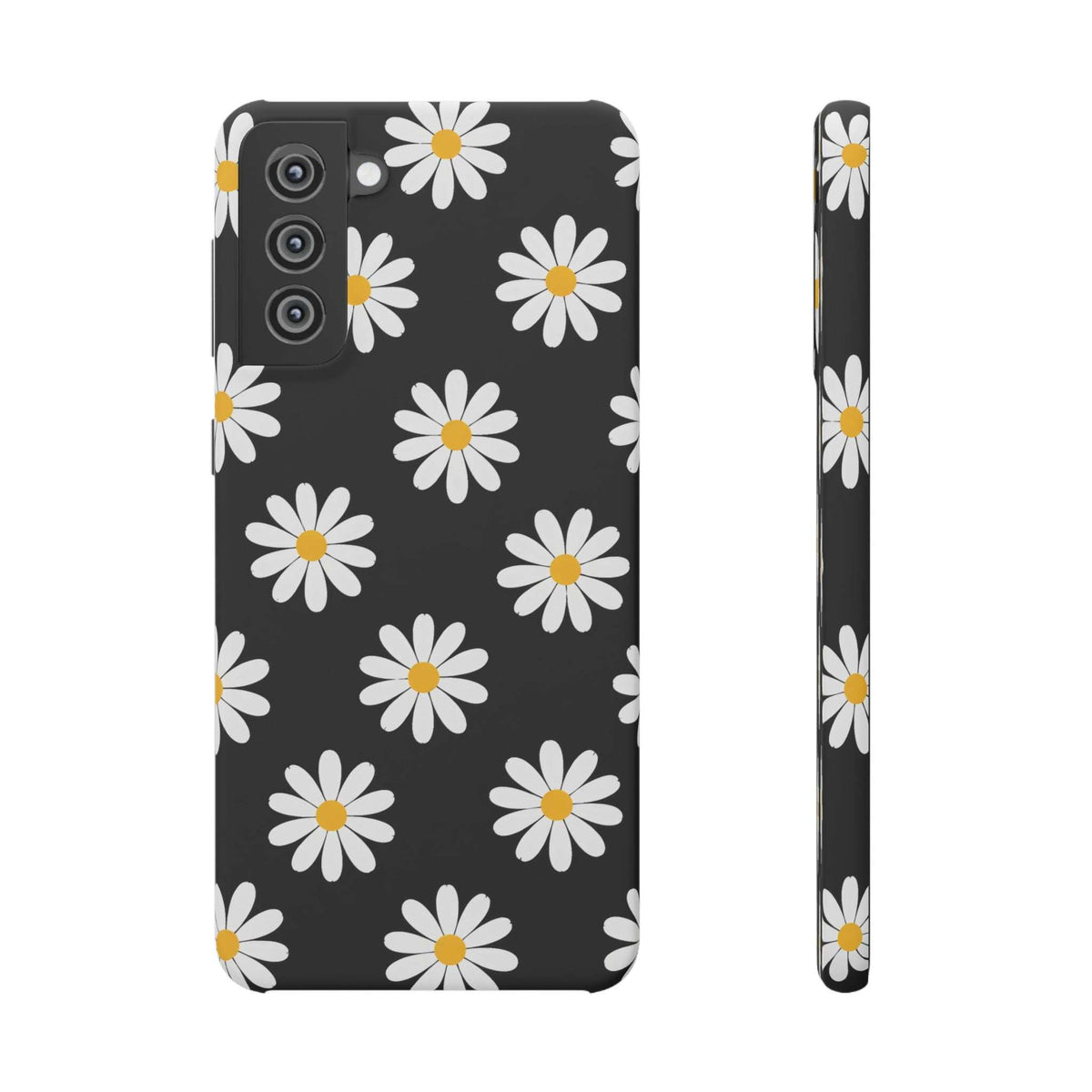 Black phone case with white daisies and yellow centers; front and edge profile shown.