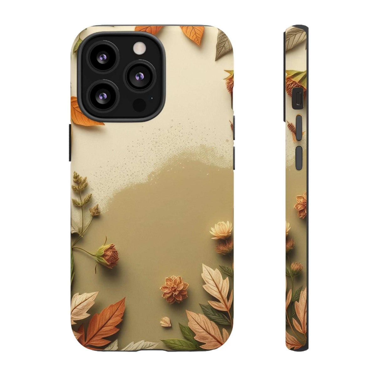 Autumn leaves phone case featuring beige background with autumn leaf and flower shapes, front and side