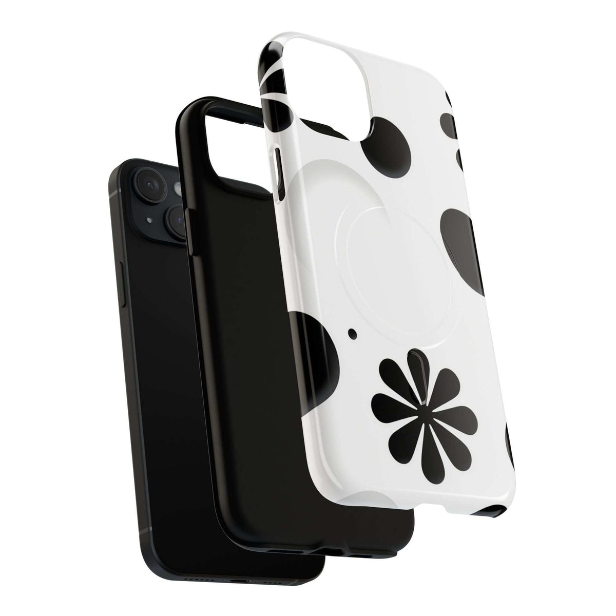 Protective phone case, white back with black flower and dot motif, front edge visible