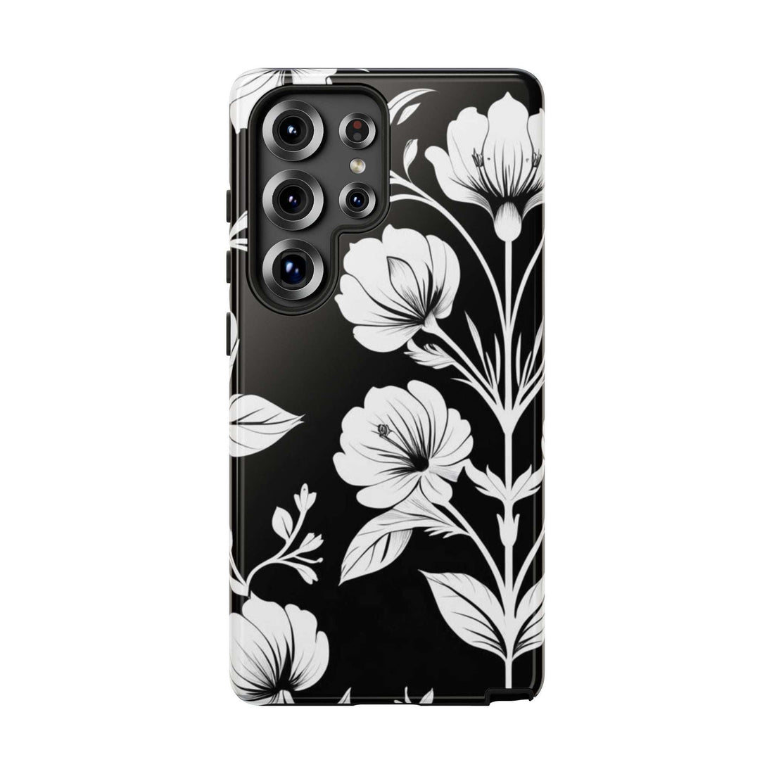 Floral phone case for Galaxy S20–S26, black with white blossoms and leaf pattern