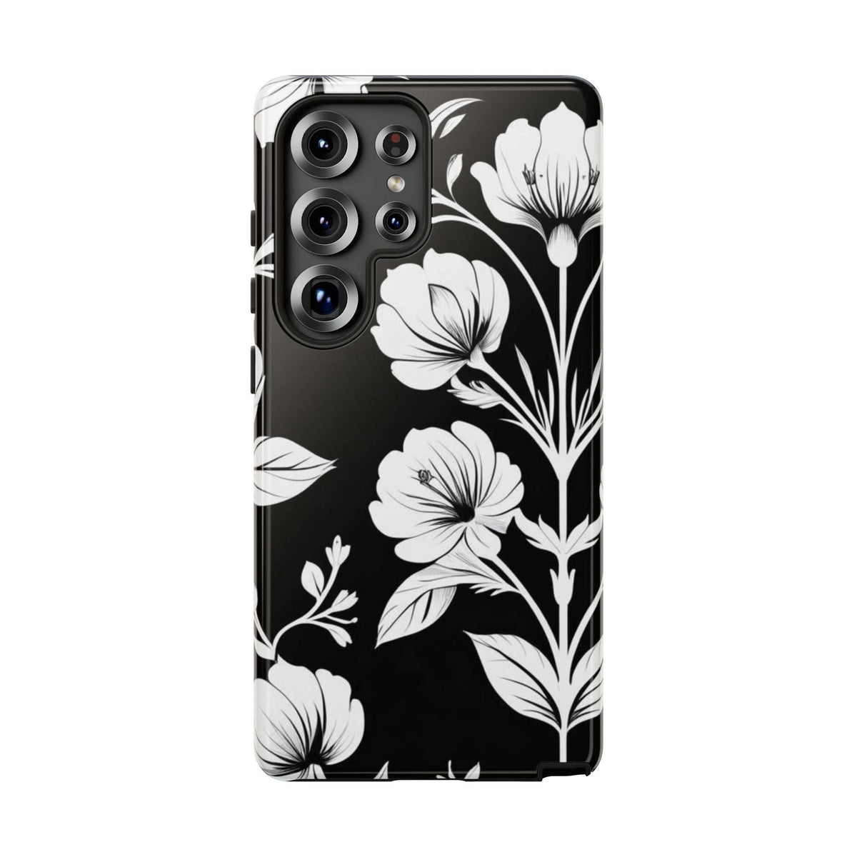Floral phone case for Galaxy S20–S26, black with white flower and vine print, front