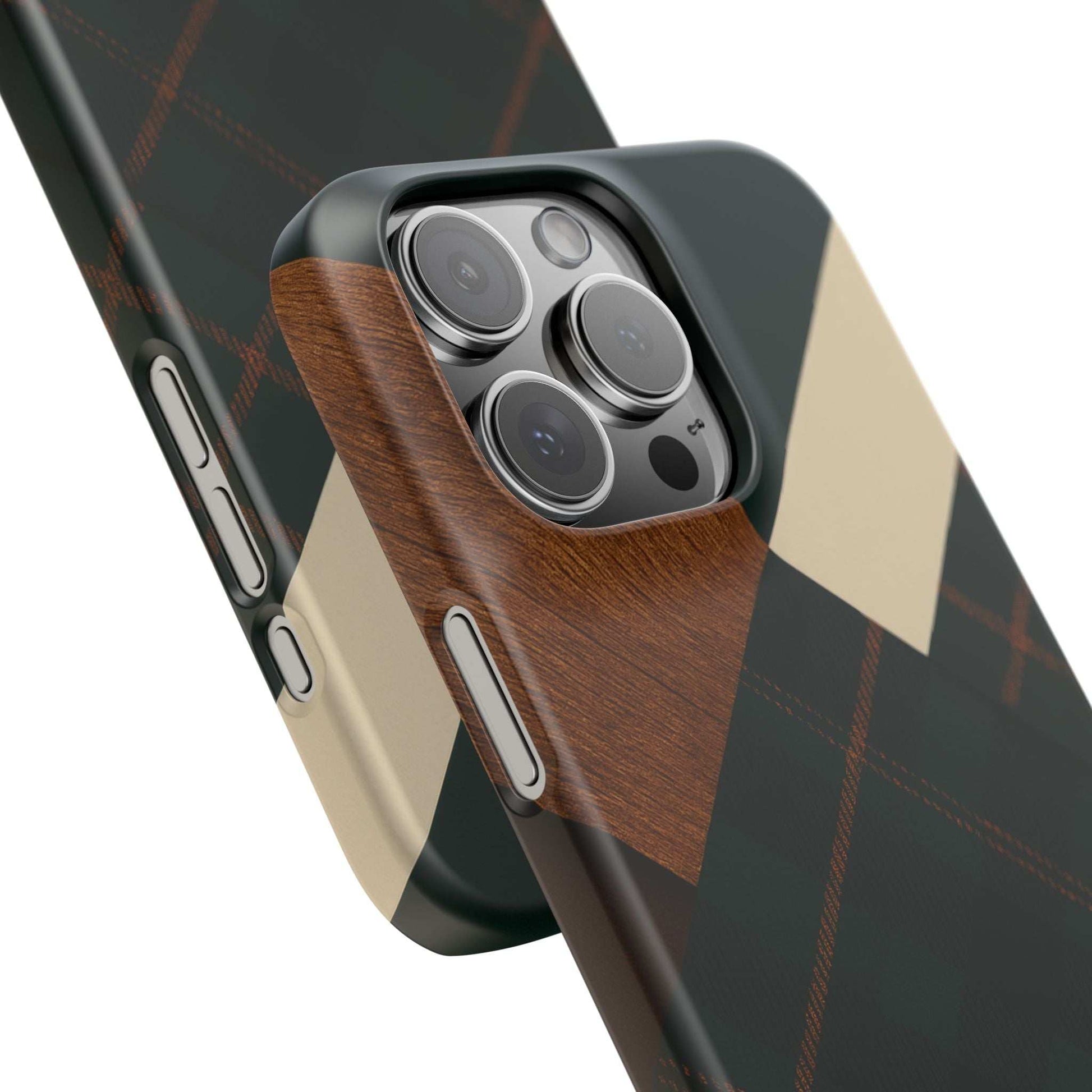 Phone case with wood-look grip, dark green plaid design and beige chevron