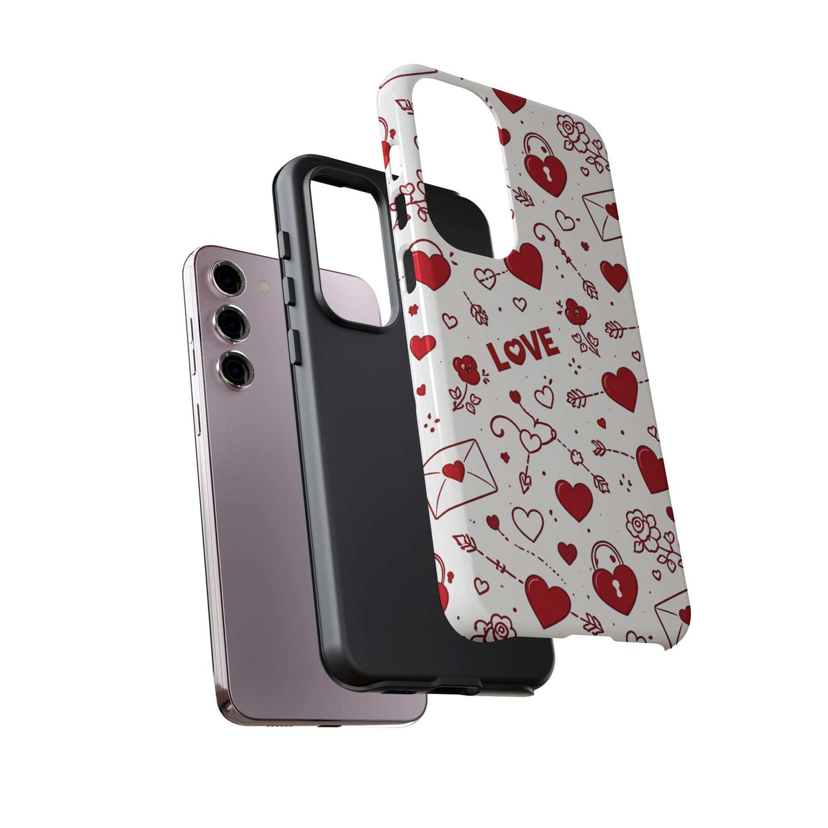 Glossy white phone case with red hearts pattern; side-on view with raised edges