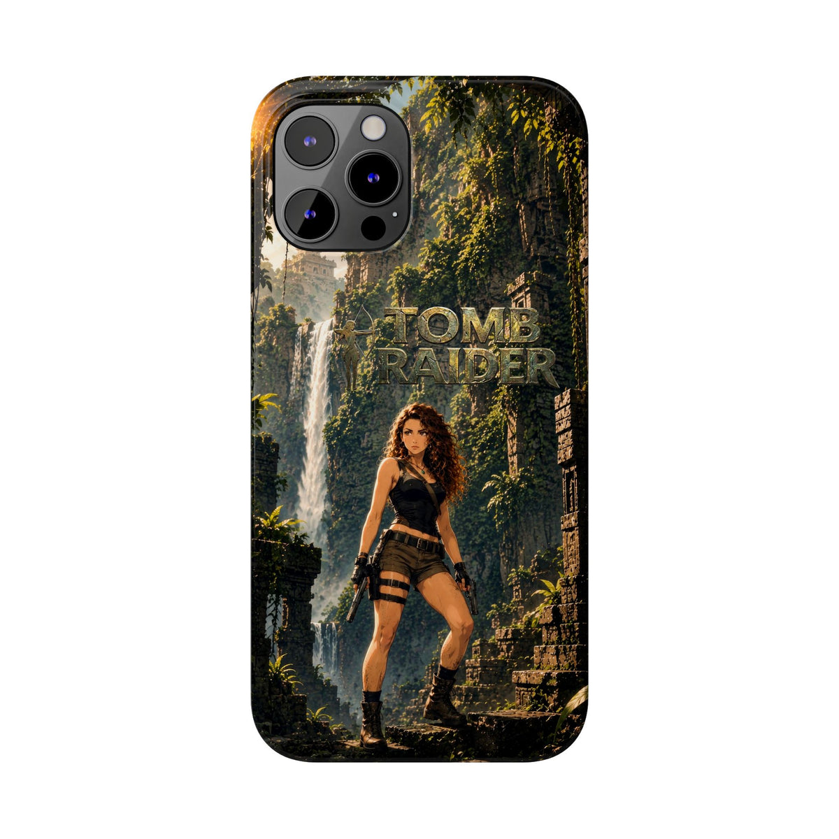 Tomb Raider phone case for iPhone, dark back with character artwork and camera cutouts