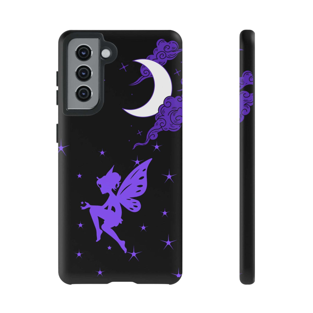 Black phone case with purple moon and fairy; multi-lens camera openings on the back