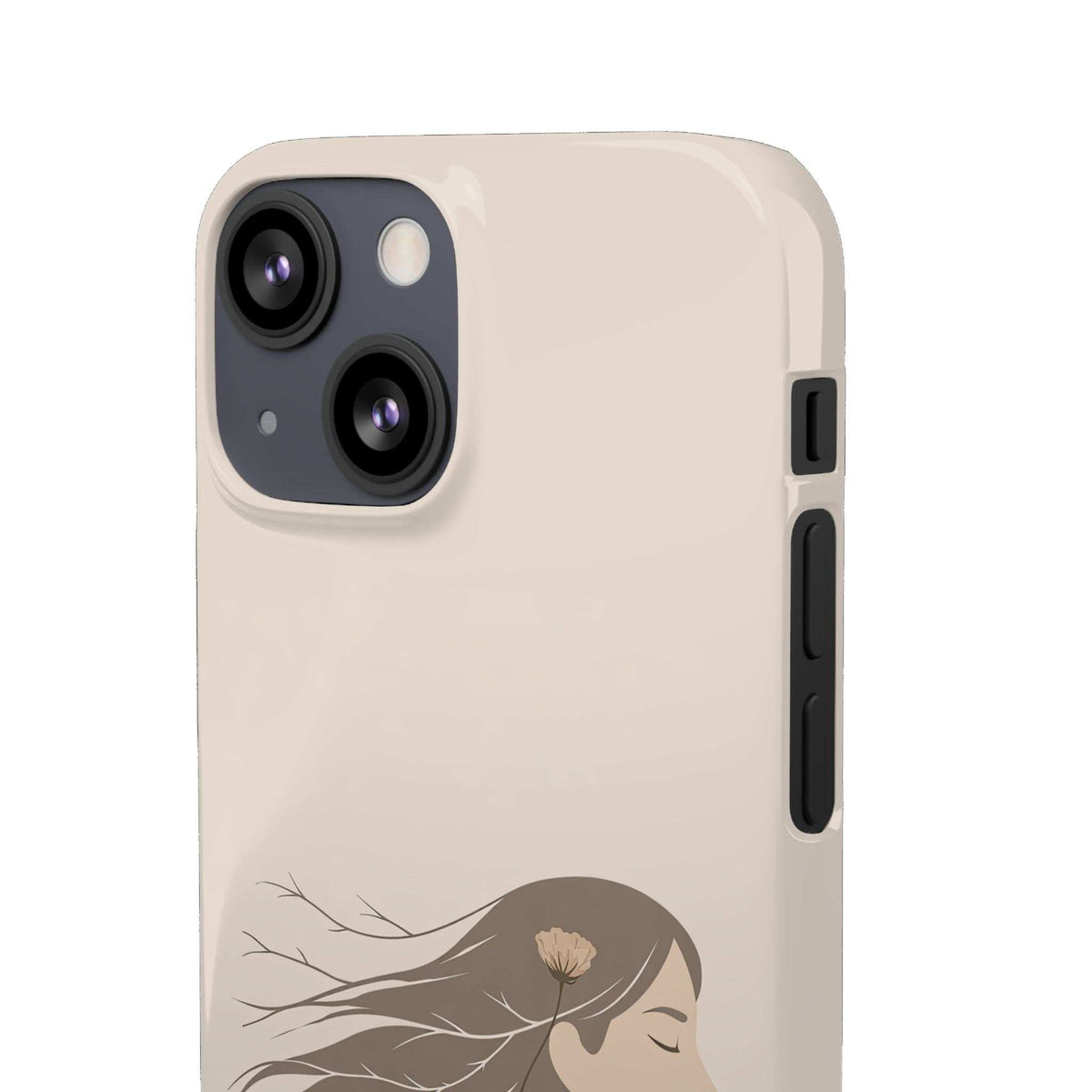 Beige phone case with floral silhouette, dual camera cutout and side button/port openings