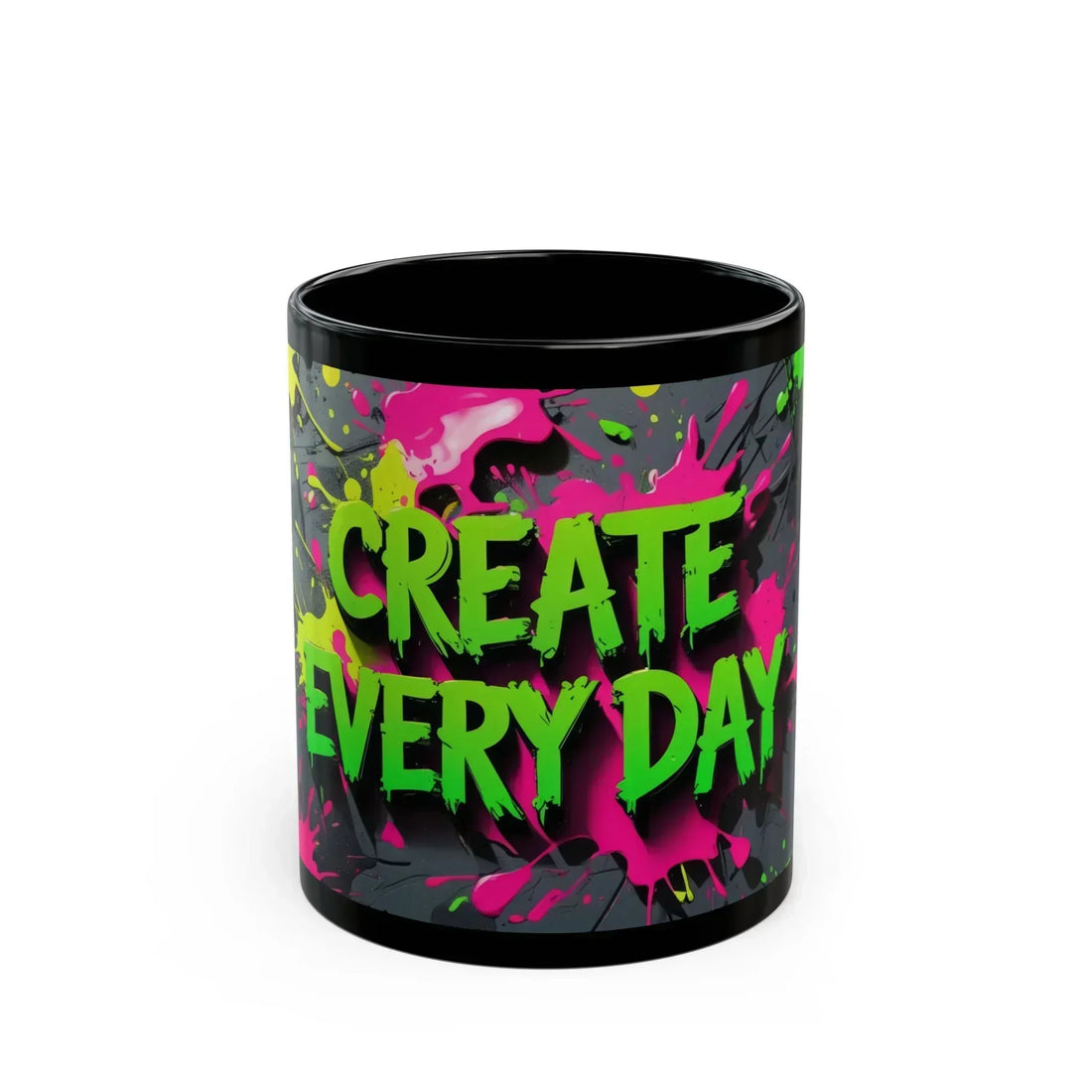 “Create Every Day” Black Mug with Neon Splash Design - KARARMDESIGN