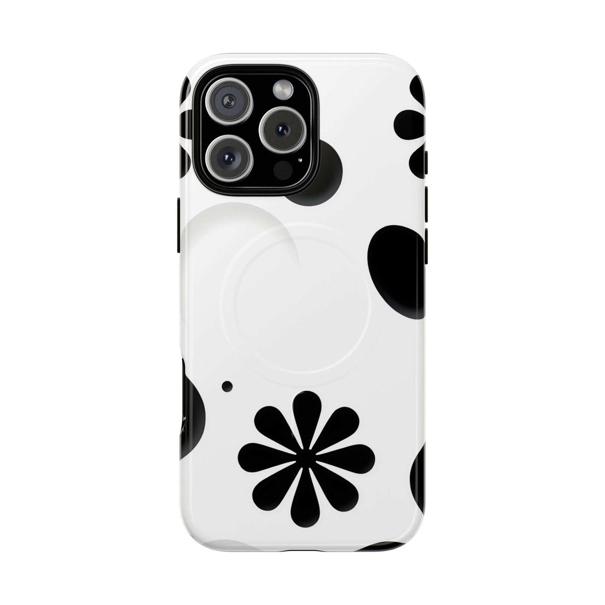 Phone case with white background, black daisy flower, and camera cutouts with magnetic tabs