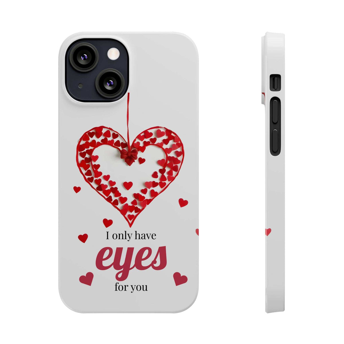 White phone case front and side view with red heart graphic and small heart pattern
