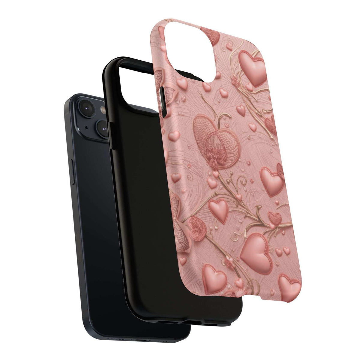 Pink heart-pattern phone case, raised 3D designs with precise speaker and camera openings