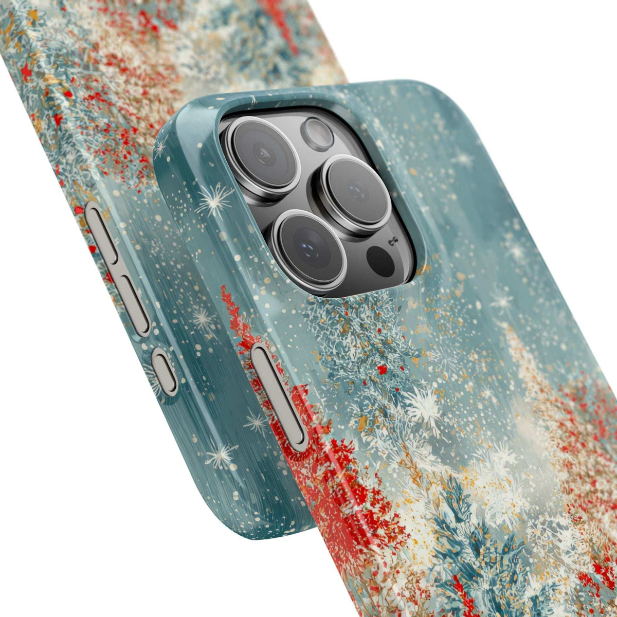 Snowy forest phone case, blue snowy print with red trees, side button and lens cutouts