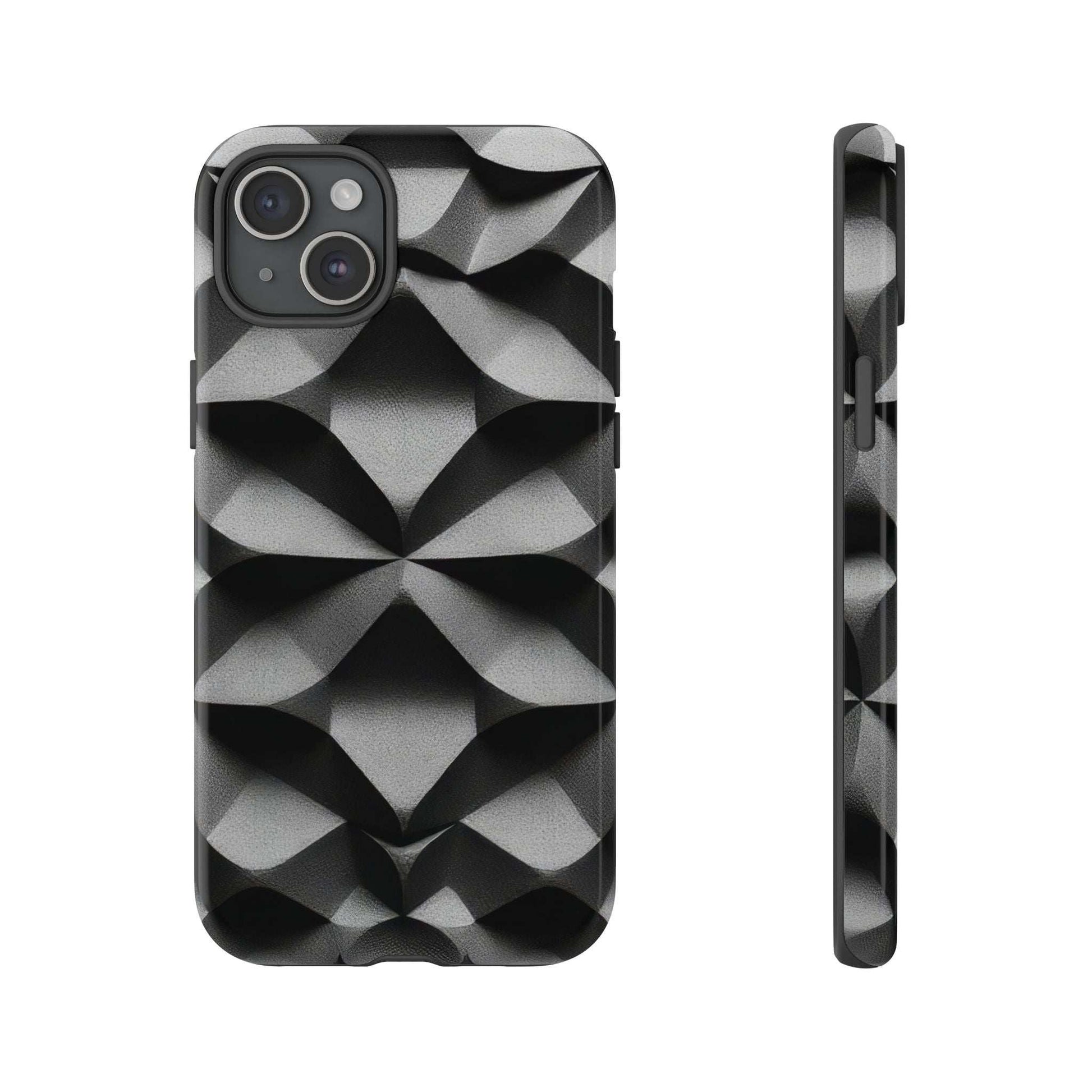 Tough phone case with black-and-gray geometric cube pattern, triple camera cutout and protective sides