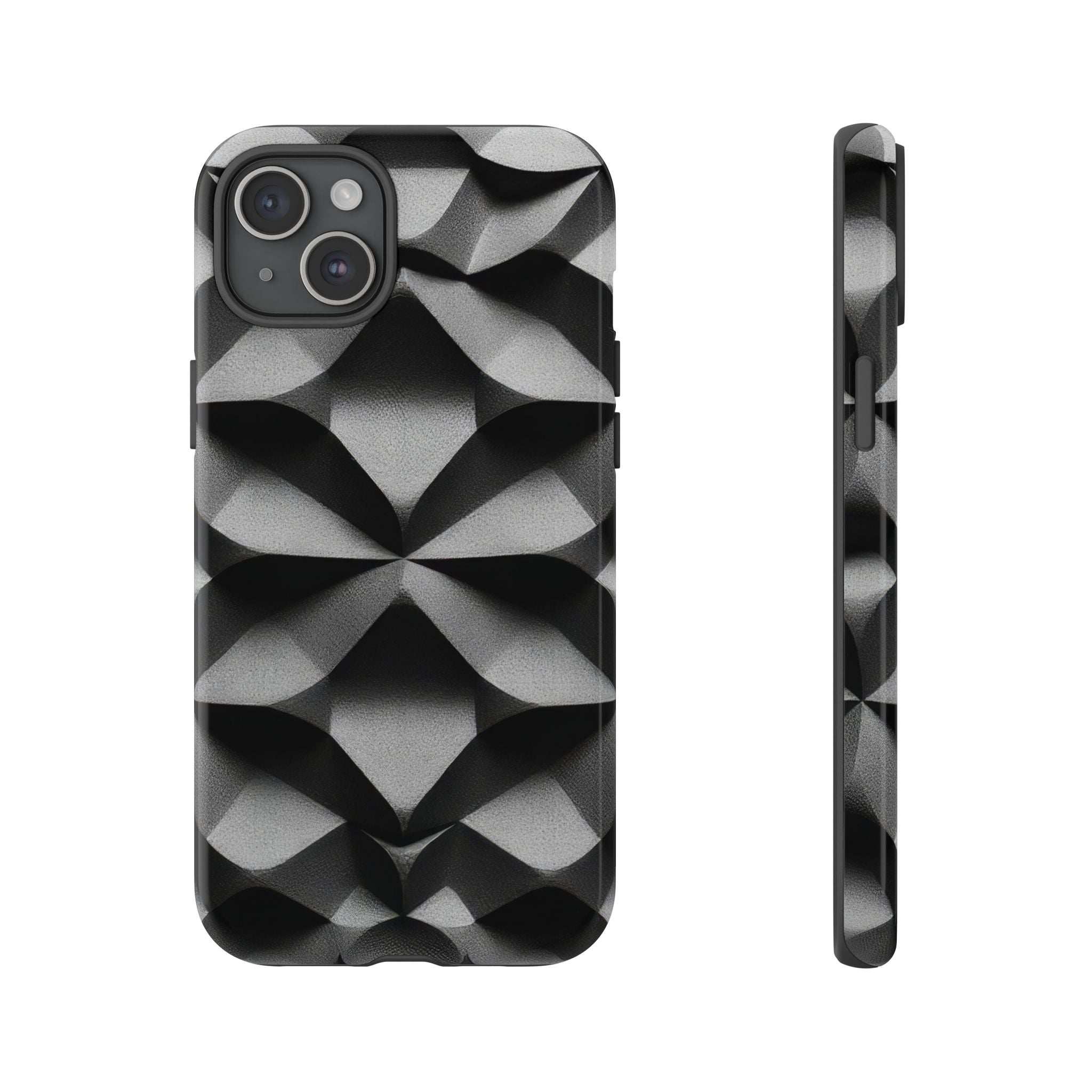 Tough phone case with black-and-gray geometric cube pattern, triple camera cutout and protective sides