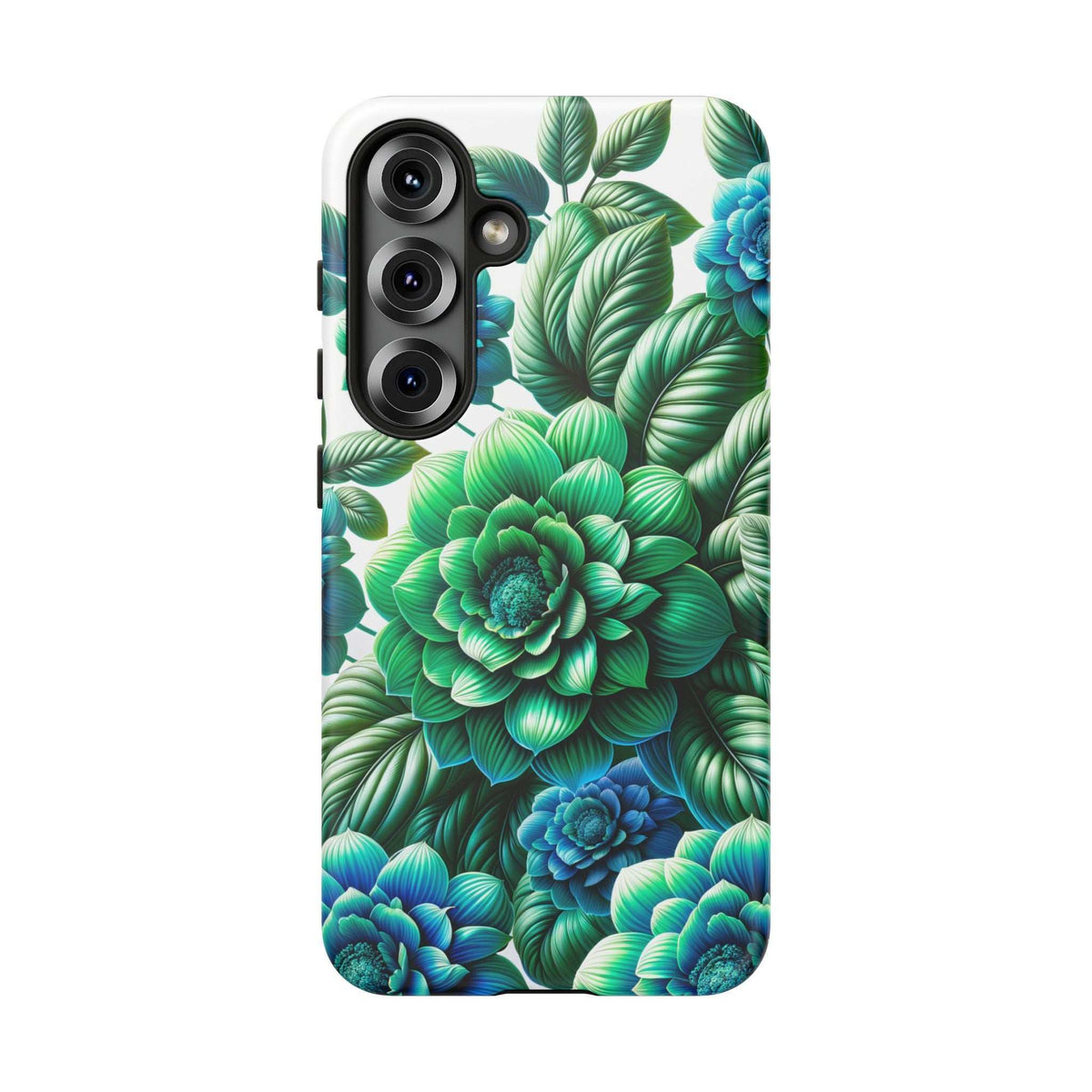 Floral phone case with green peonies and blue blossoms, side cutout and camera openings