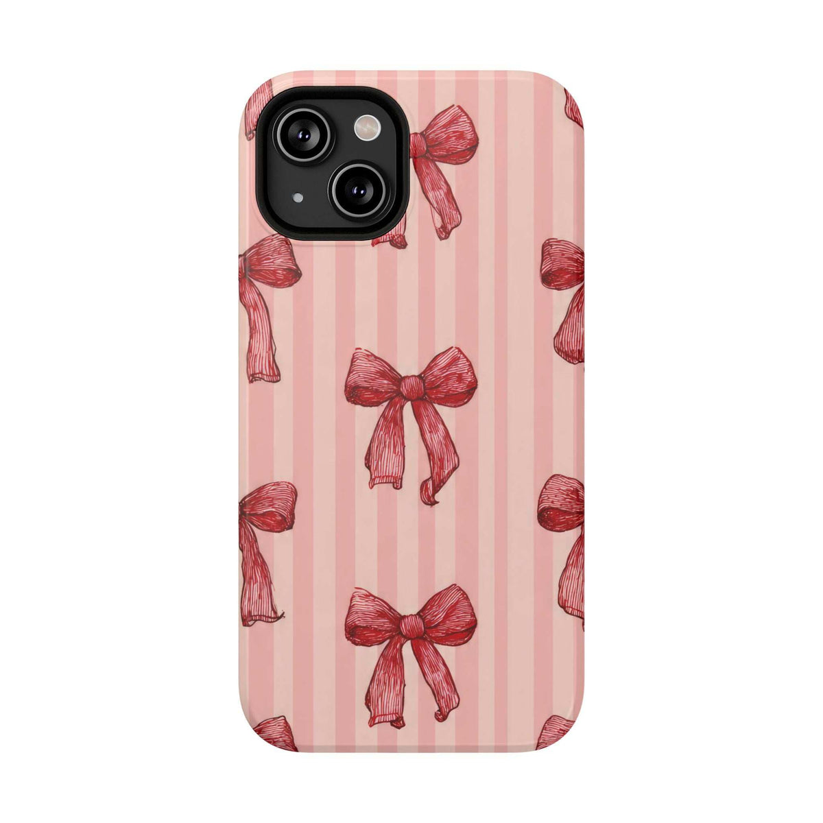 Pink phone case with vertical red stripes and red bow design, camera module on top left