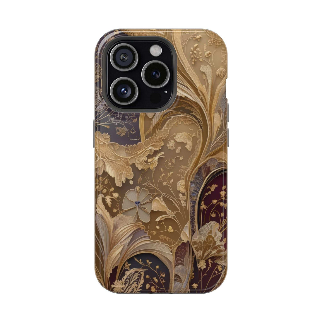 Botanical phone case with beige and dark floral swirl pattern, raised camera cutouts.