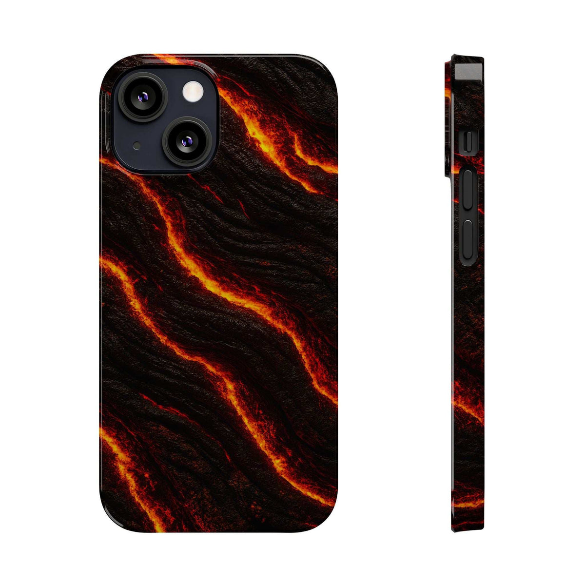 Black lava streak phone case with orange glow; camera cluster and slim side