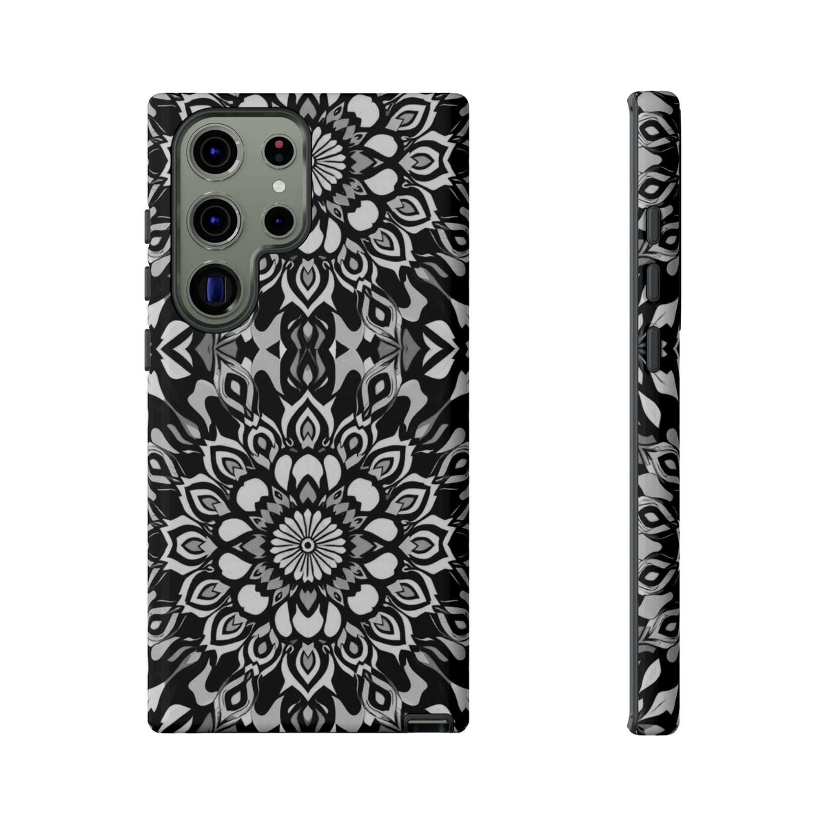 Mandala phone case with black-and-white mandala artwork and large circular camera area