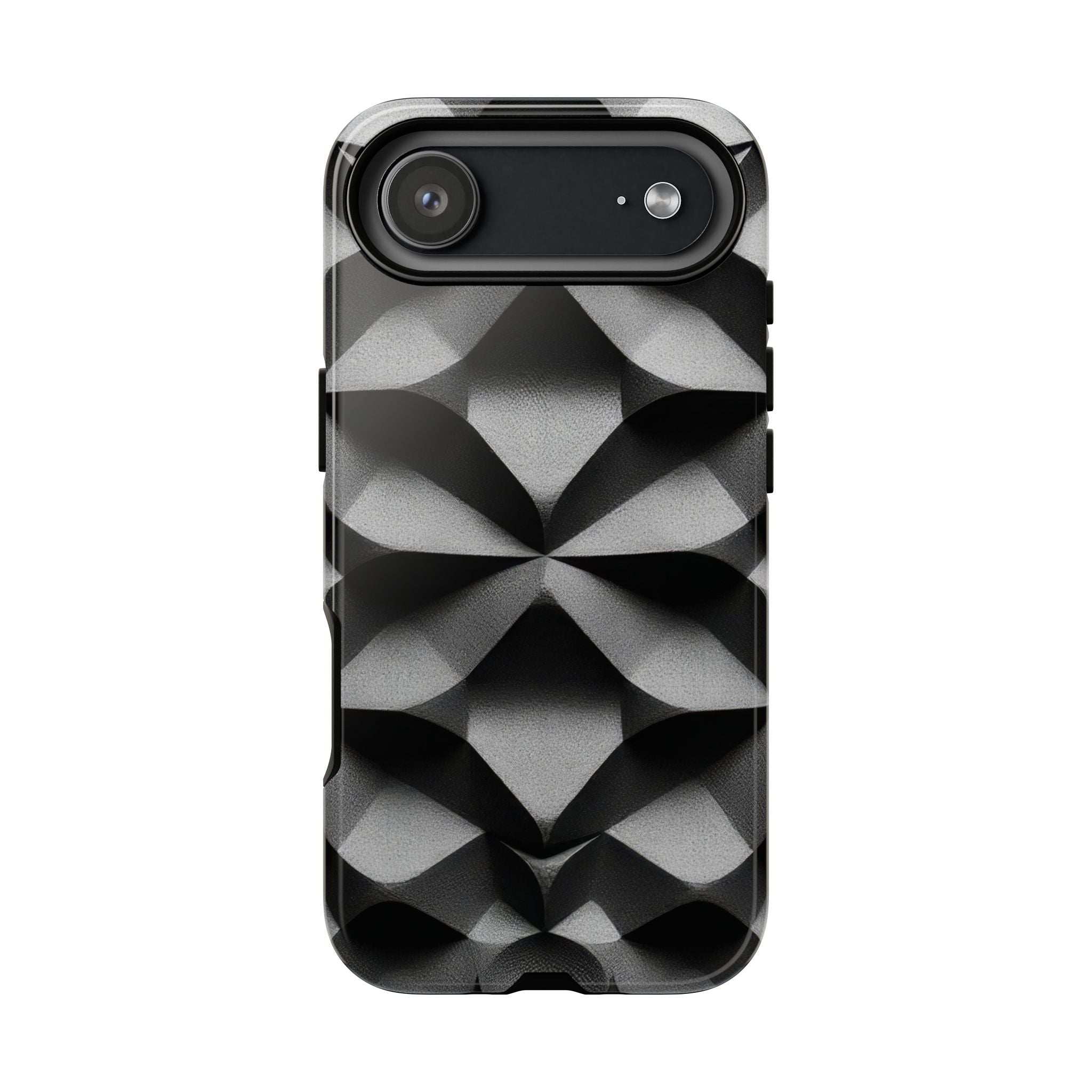 Tough phone case with black back and black-gray geometric design, side button cutouts