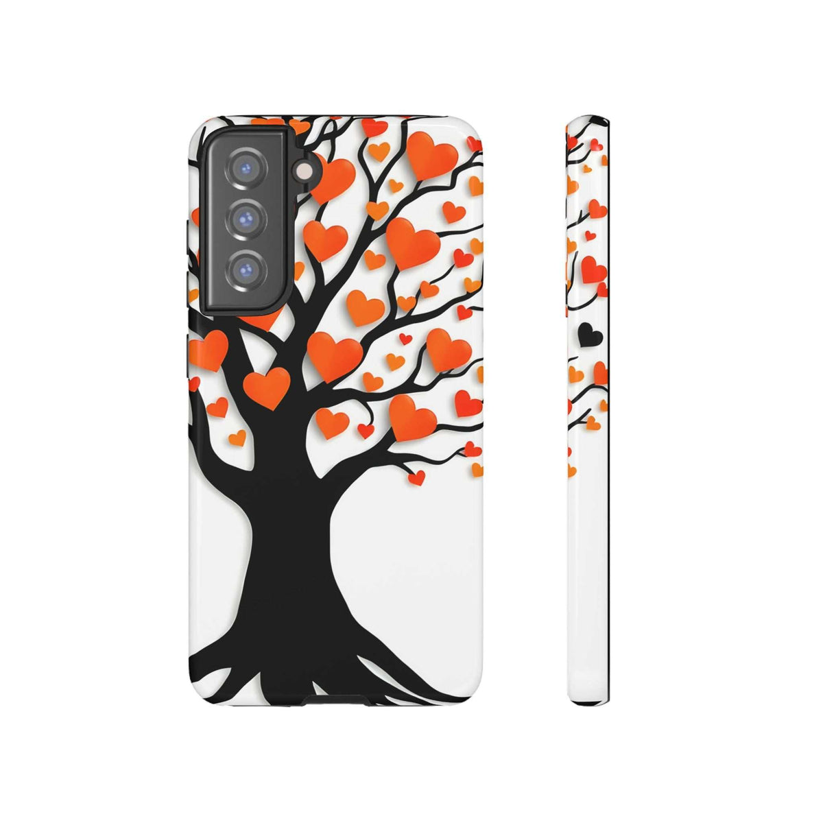Heart tree phone case with orange and red hearts on white; front with camera openings