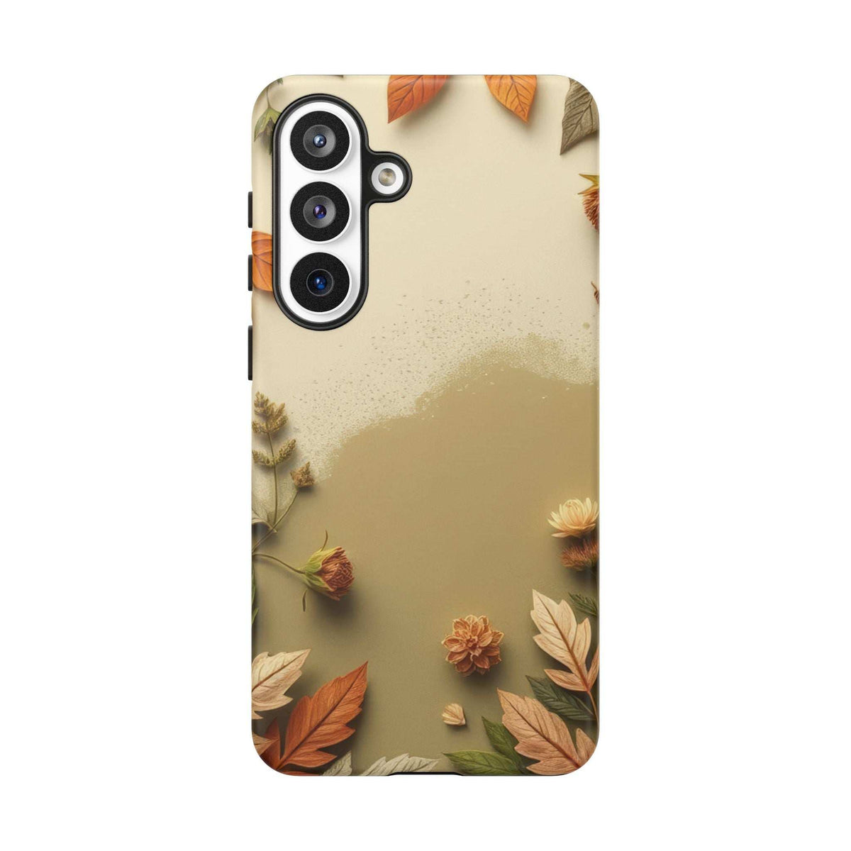 Phone case featuring beige autumn leaves with vertical camera slot and cutouts