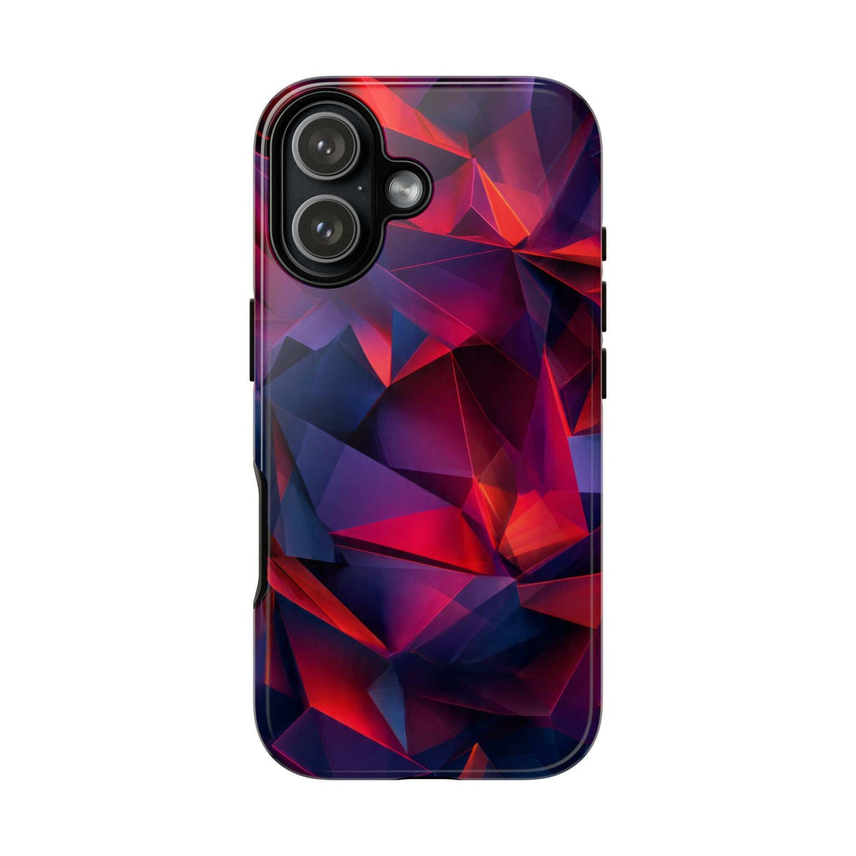Glossy phone case with red and blue angular prism pattern and triple camera cutout