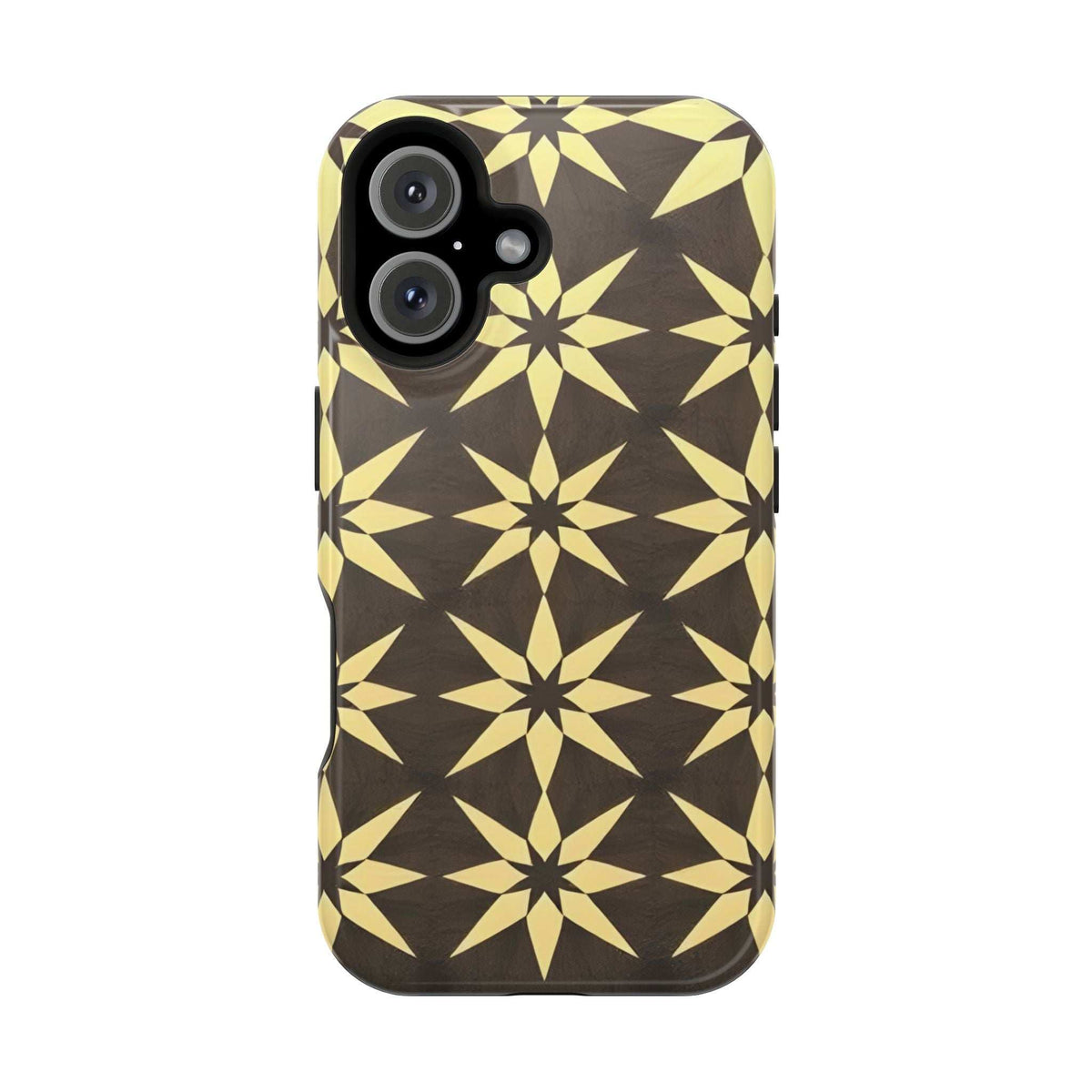 Phone case with gold-and-black star geometric pattern and camera module