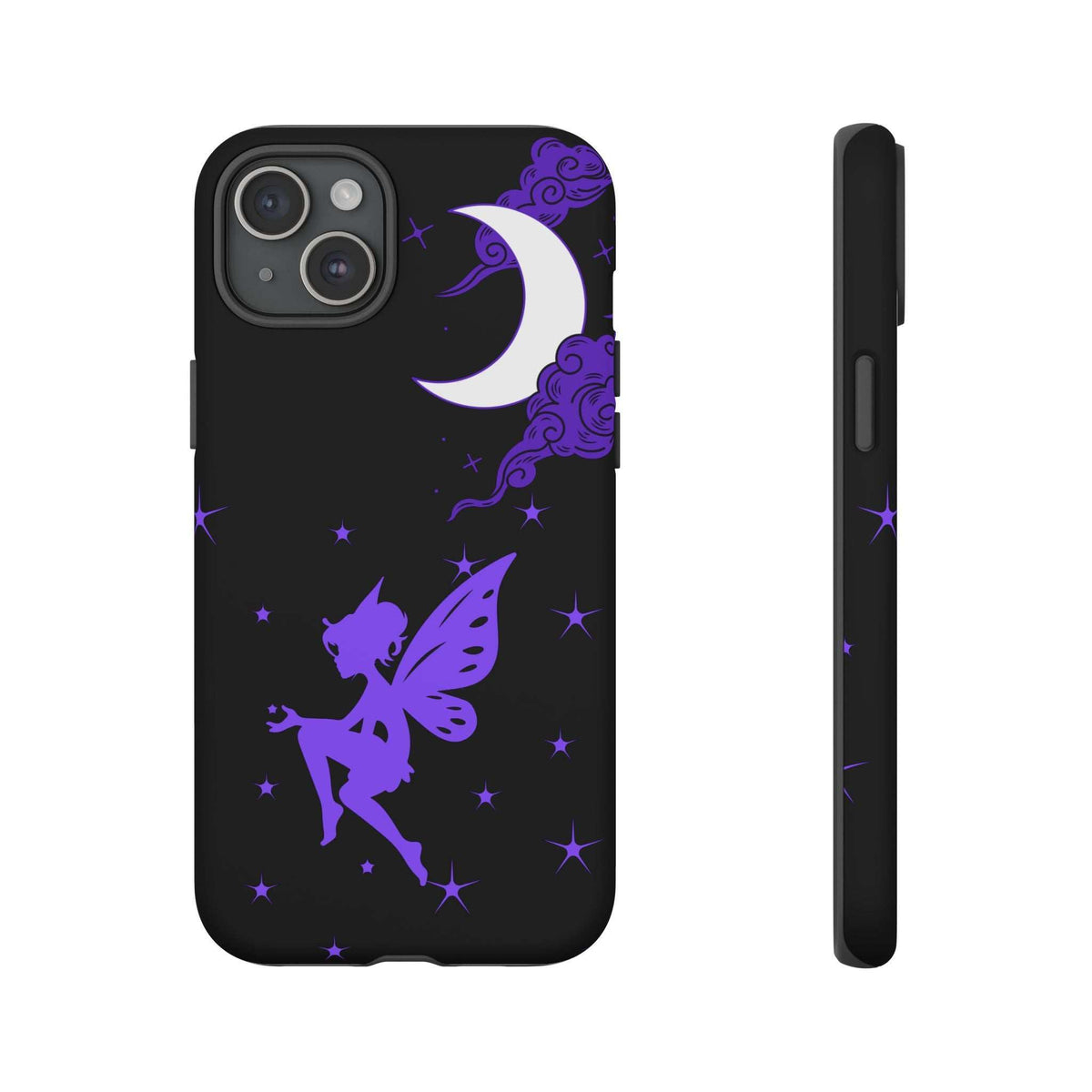Black phone case with purple fairy silhouette, crescent moon, and stars; camera cutout, side view.