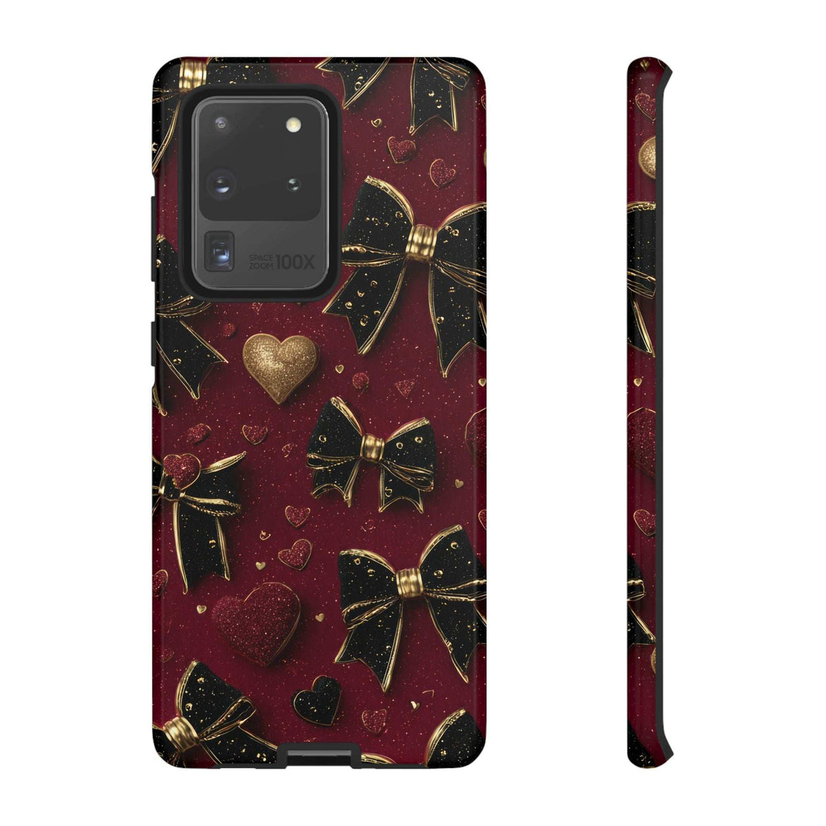 Burgundy glossy phone case with gold hearts and bows pattern, side buttons visible