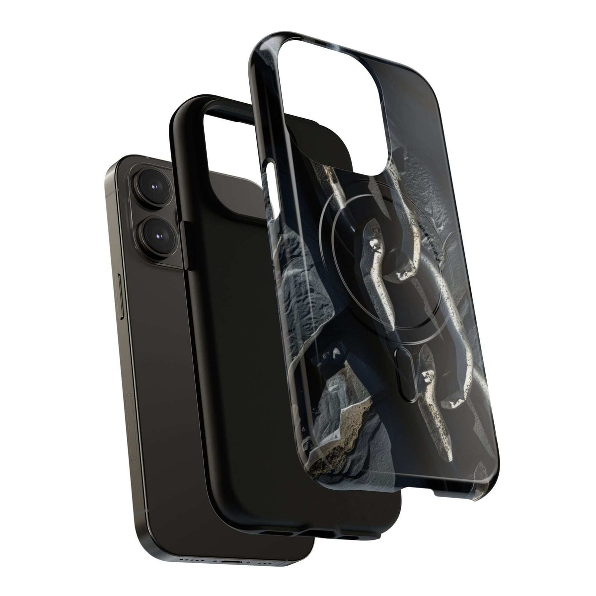 Protective phone case with dark frame and clear cover; cutouts visible for cameras and ports.