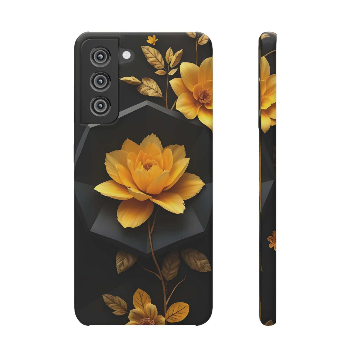 Black phone case with yellow floral pattern, with camera and flash cutouts