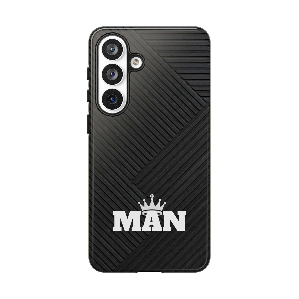 Black phone case with MAN logo, textured diagonal grip pattern, and triple camera cutouts