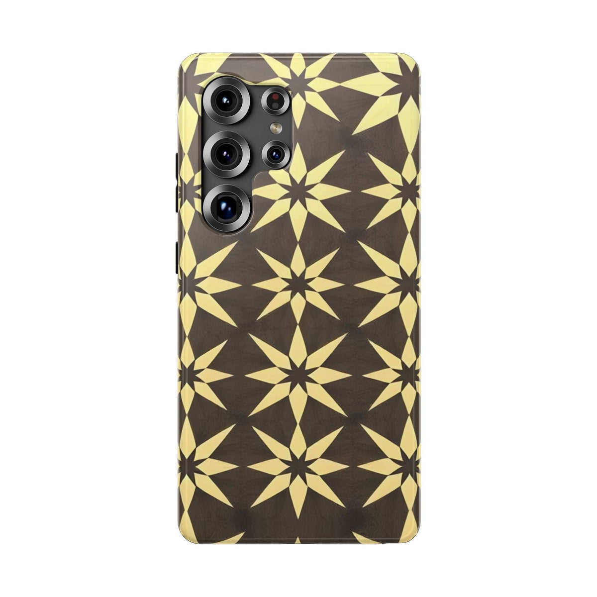 Phone case with geometric star pattern in black and gold; four-lens camera cutouts.