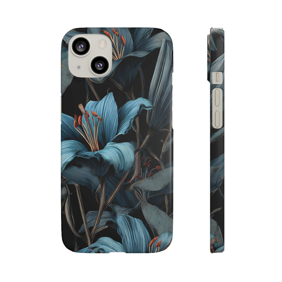 Phone case with blue floral leaf pattern and protective raised edges around camera lenses